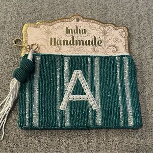 India Handmade Beaded Bag Pouch Initial “A” Dark Teal